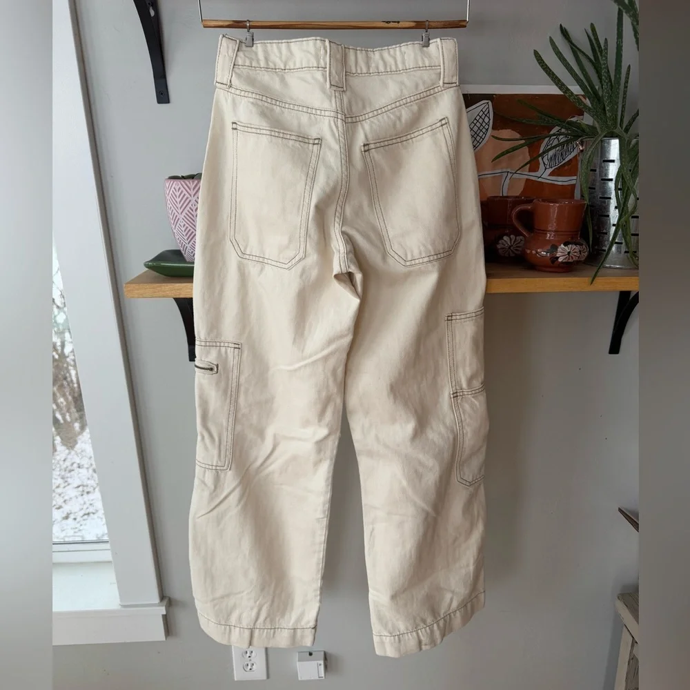 Wild Fable Ecru Ivory Cream High Rise Cargo Pants Wide Leg Denim Jeans Sz 00